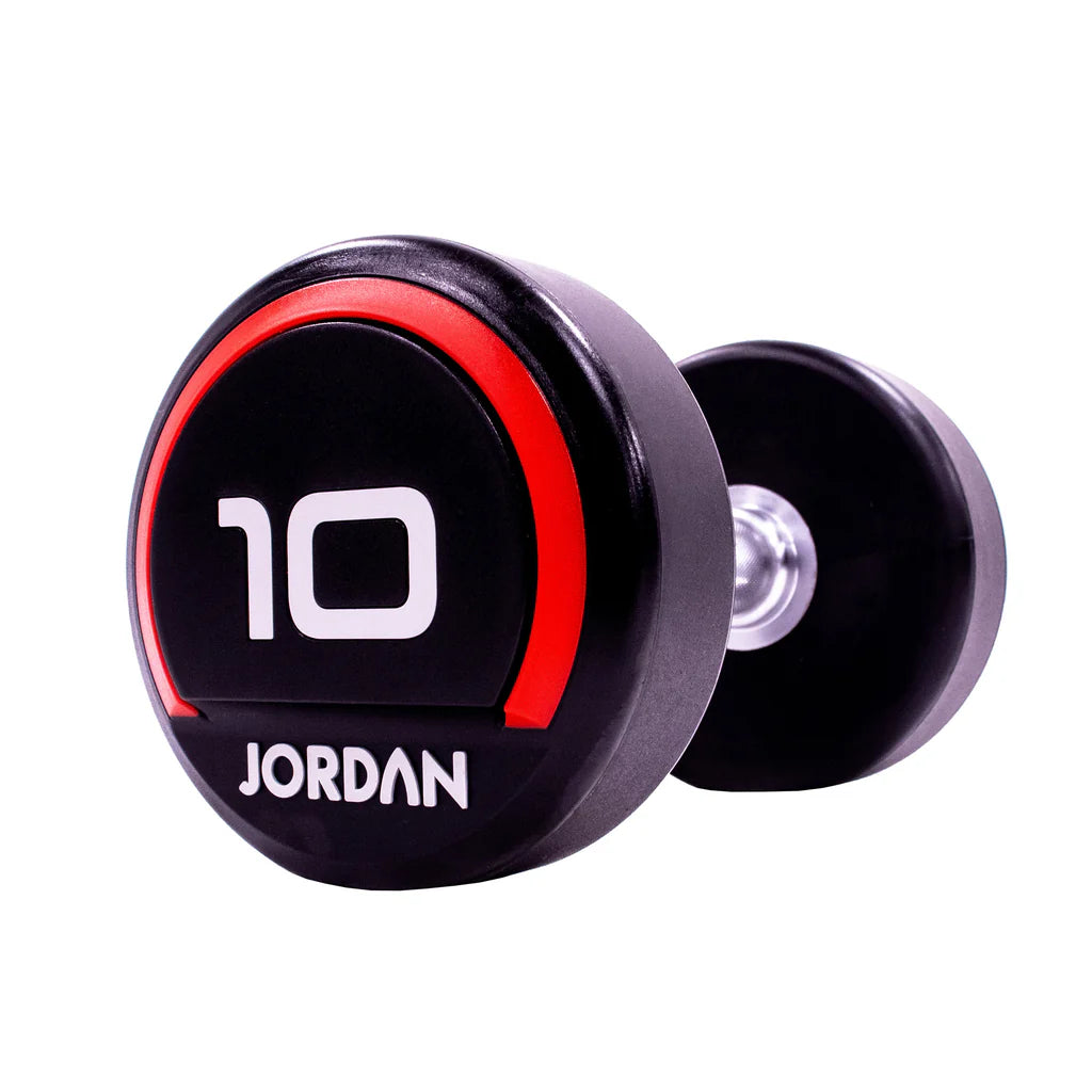 JORDAN 2.5kg-25kg Urethane Dumbbell Set (2.5kg increments/ 10 pairs) - Red/ Grey - Luxe Gym Company