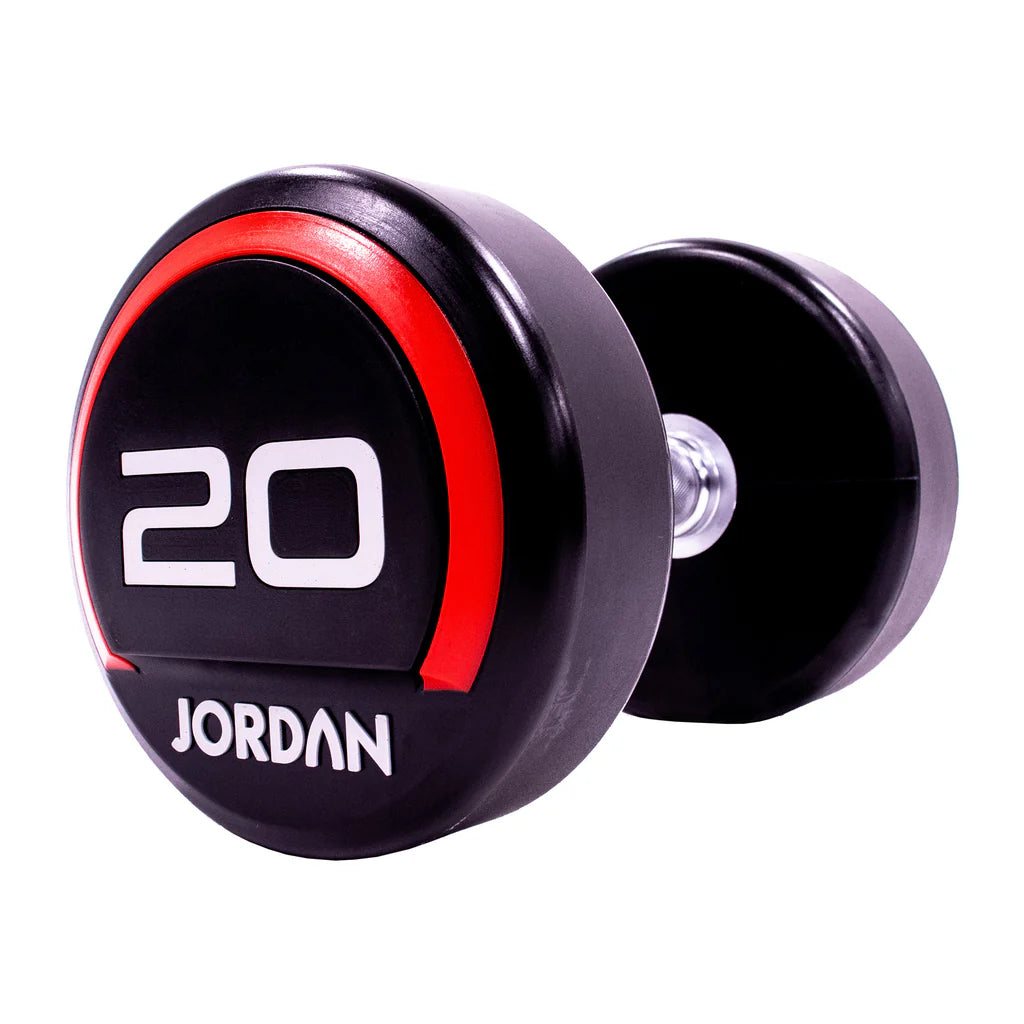 JORDAN 2.5kg-25kg Urethane Dumbbell Set (2.5kg increments/ 10 pairs) - Red/ Grey - Luxe Gym Company