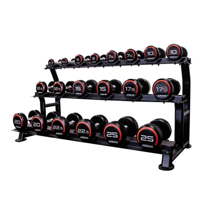 JORDAN 2.5kg-25kg Urethane Dumbbell Set (2.5kg increments/ 10 pairs) - Red/ Grey - Luxe Gym Company