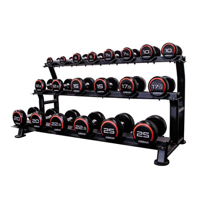 JORDAN 2.5kg-50kg Urethane Dumbbell Set (2.5kg increments/ 20 pairs) - Red/ Grey - Luxe Gym Company