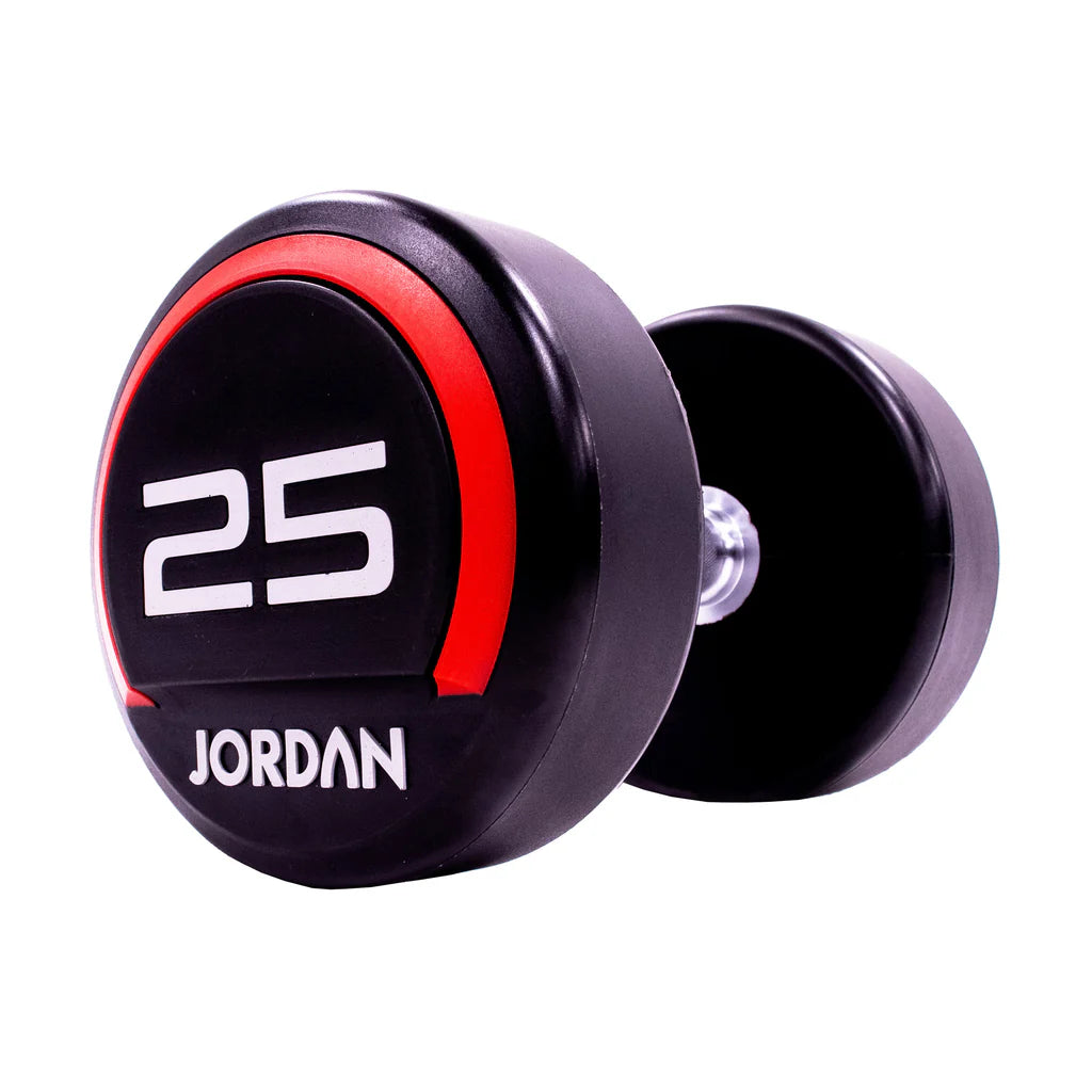 JORDAN 2.5kg-25kg Urethane Dumbbell Set (2.5kg increments/ 10 pairs) - Red/ Grey - Luxe Gym Company