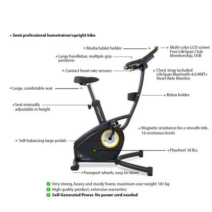 LIFESPAN FITNESS Light-Commercial Hometrainer Upright Bike C5i Self-Generating