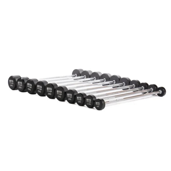 MYO STRENGTH Urethane Barbell with PU End Caps – 10kg – 50kg Straight (10 Bar Set) - Luxe Gym Company